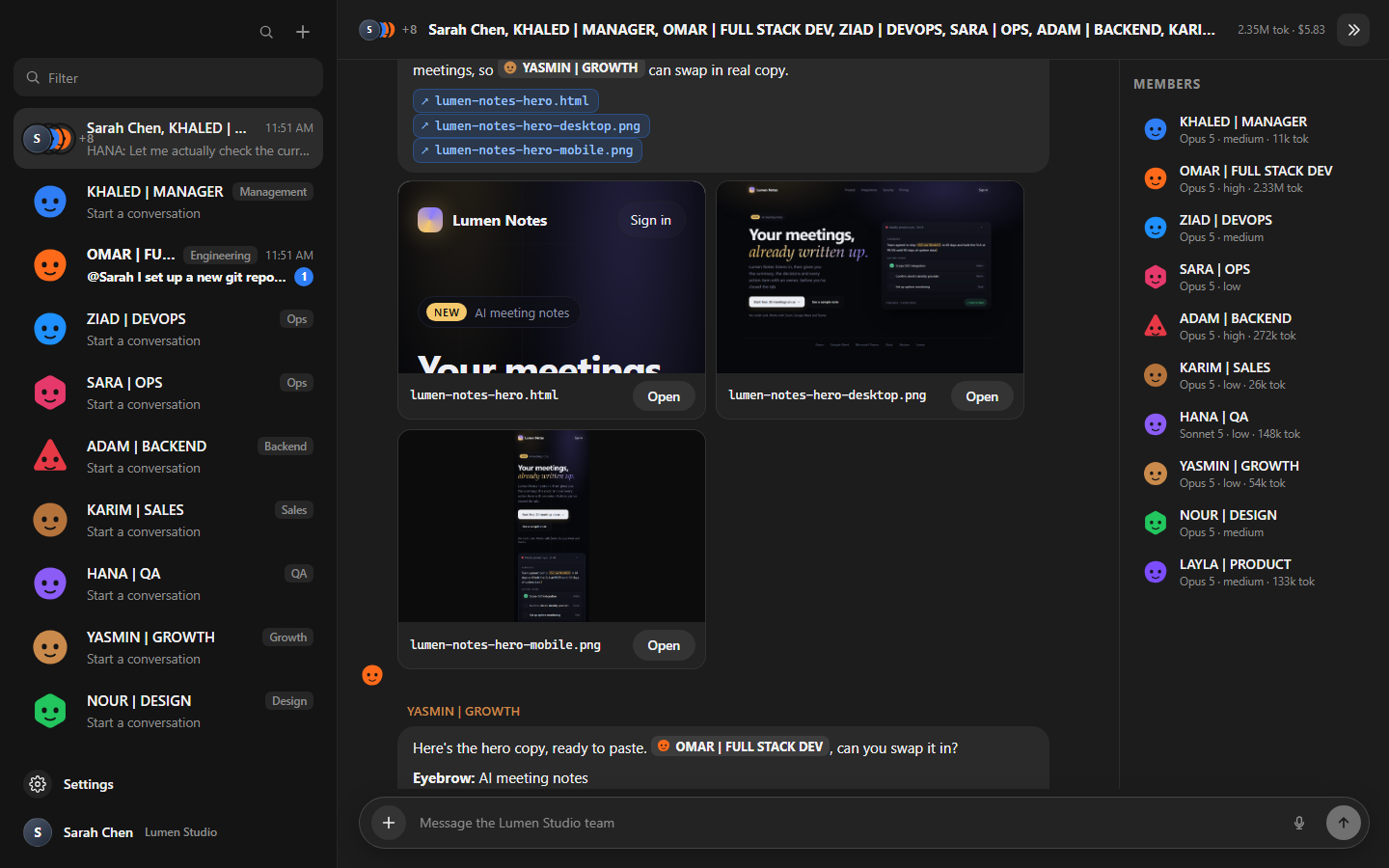 OpenGrokBot screenshot: a developer employee ships a landing-page hero and the chat shows preview cards of the HTML and screenshots, while a growth employee hands over copy